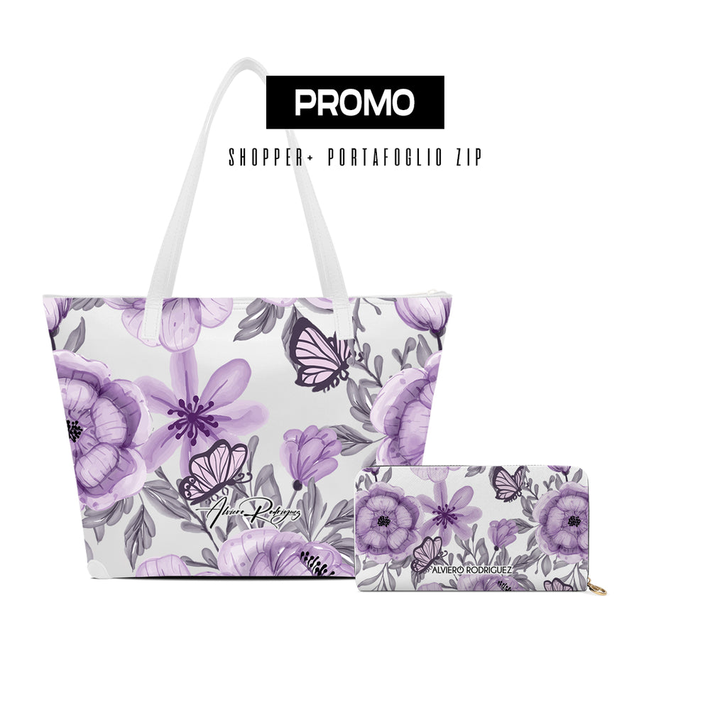 Promo Maxi Shopper + Portafoglio Zip Bianco Butterfly Violet