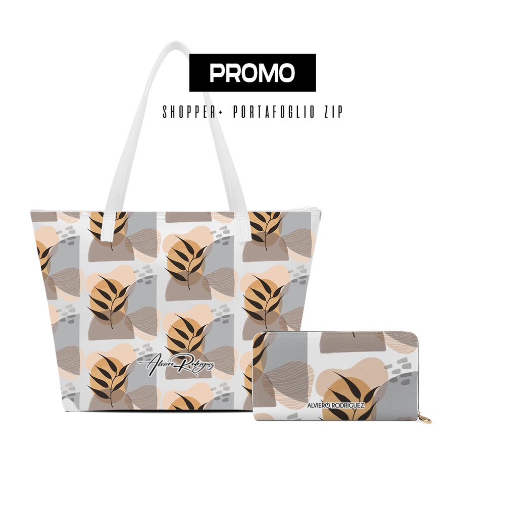 Promo Maxi Shopper + Portafoglio Zip Bianco Abstract Plant